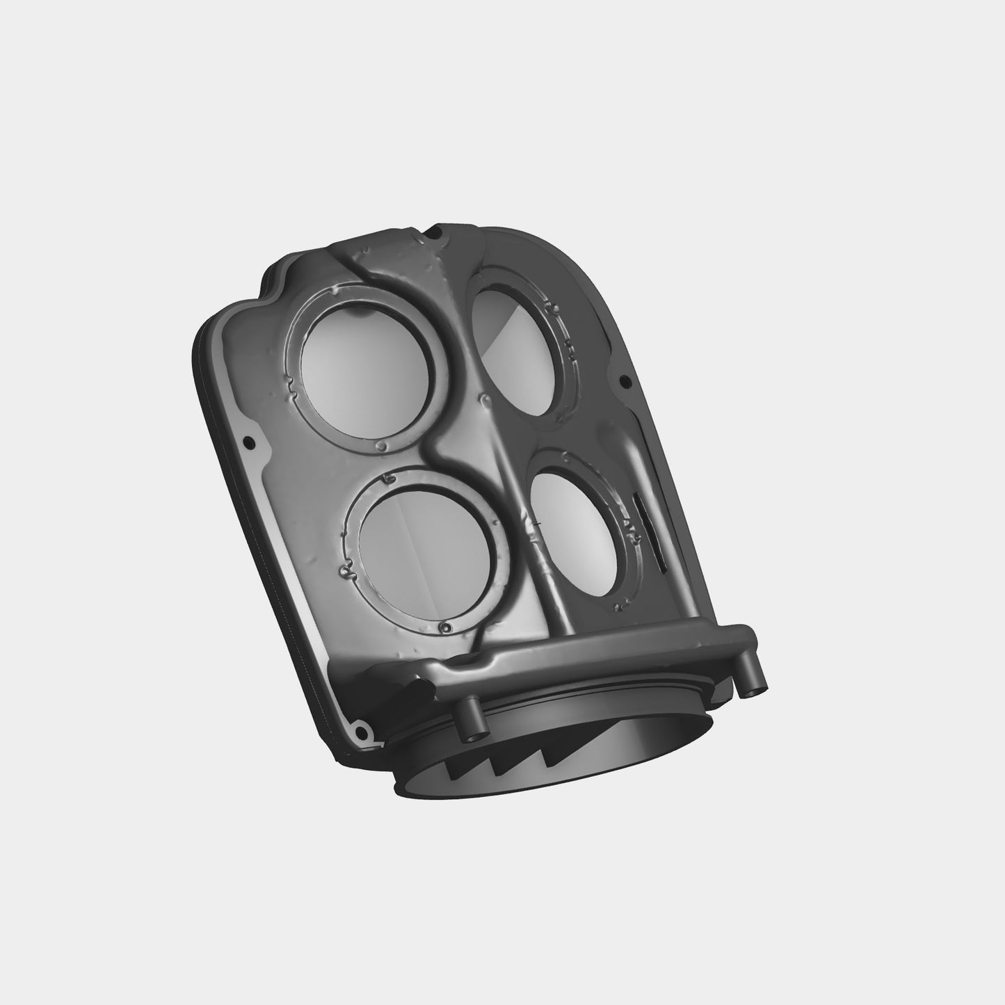 Frontal view of the redesigned split airbox for Suzuki Madura GV700 and GV1200 motorcycles, showing the four intake ports and center divider.