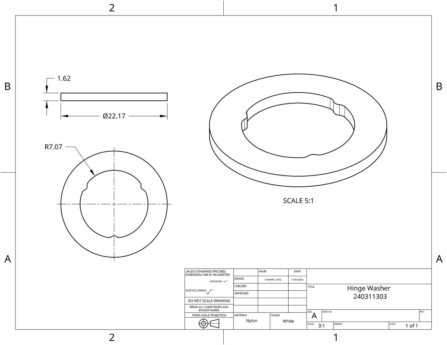 technical diagram of Frigidaire 240311303 hinge washer with dimensions