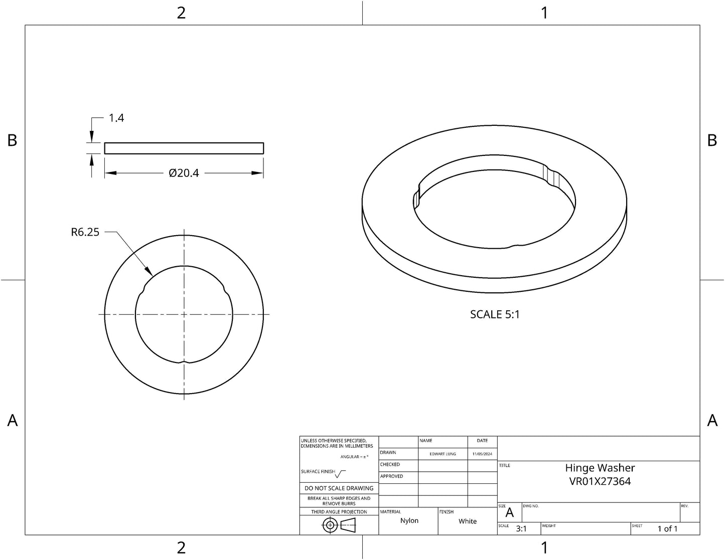 technical diagram showing measurements for VR01X27364 hinge washer