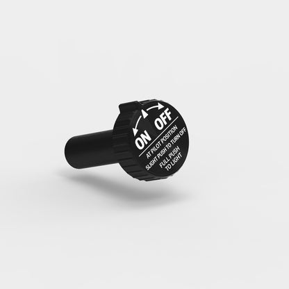 Close-up of Arbite gas valve knob with engraved ON/OFF directions