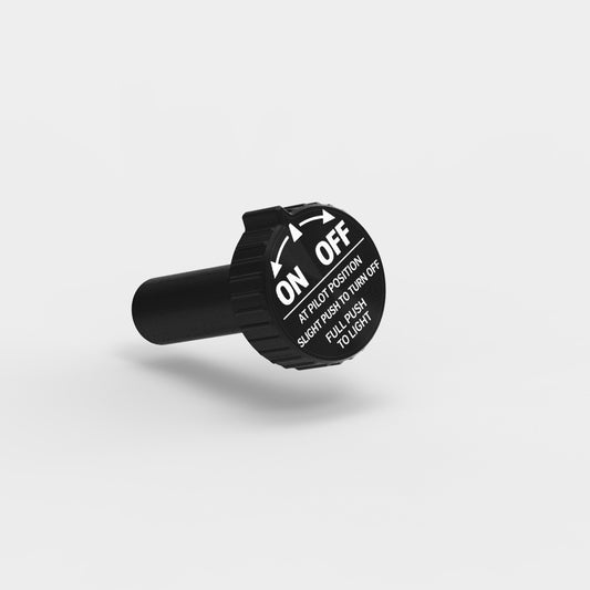 Close-up of Arbite gas valve knob with engraved ON/OFF directions