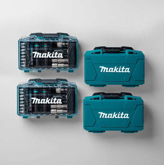 Four Makita-style drill bit boxes mounted vertically using included brackets and screws for organized tool 