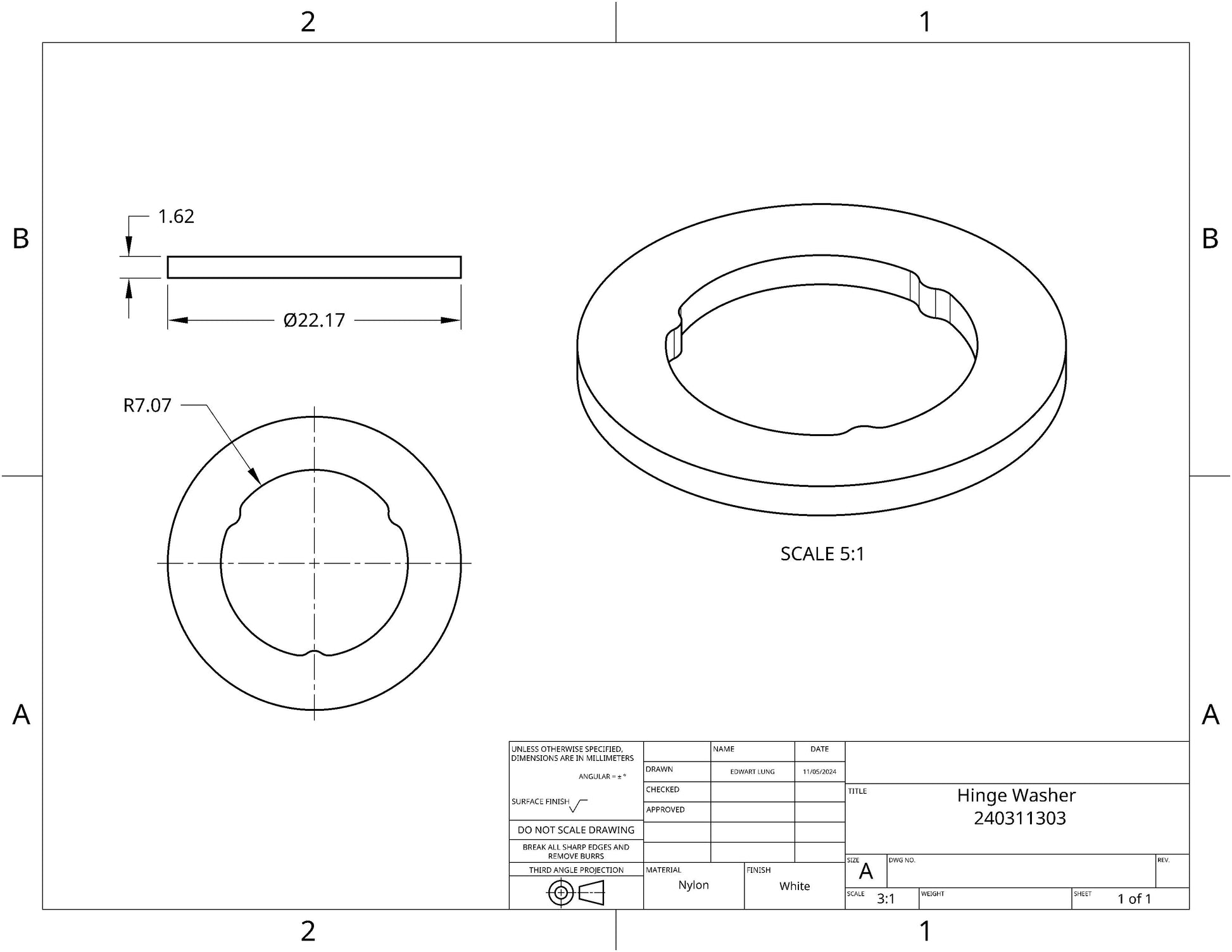 technical diagram of Frigidaire 240311303 hinge washer with dimensions
