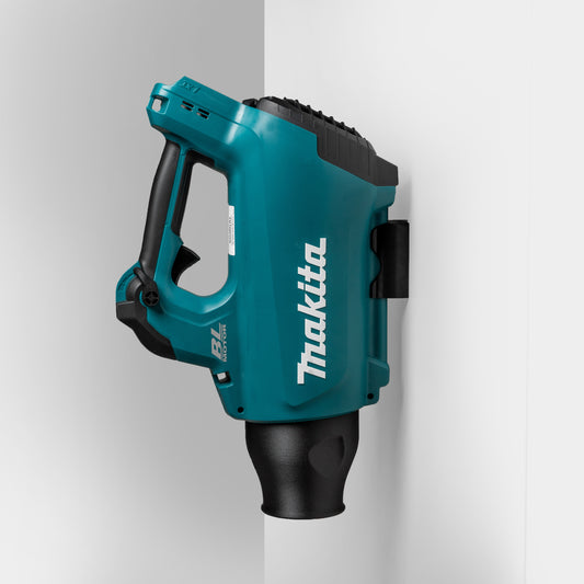 Makita 18V LXT leaf blower model XBU03Z mounted using custom wall bracket
