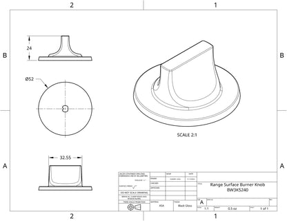 technical diagram with measurements for WB3K5240 surface burner knob
