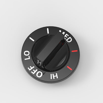 top-down view of burner knob showing temperature control markings
