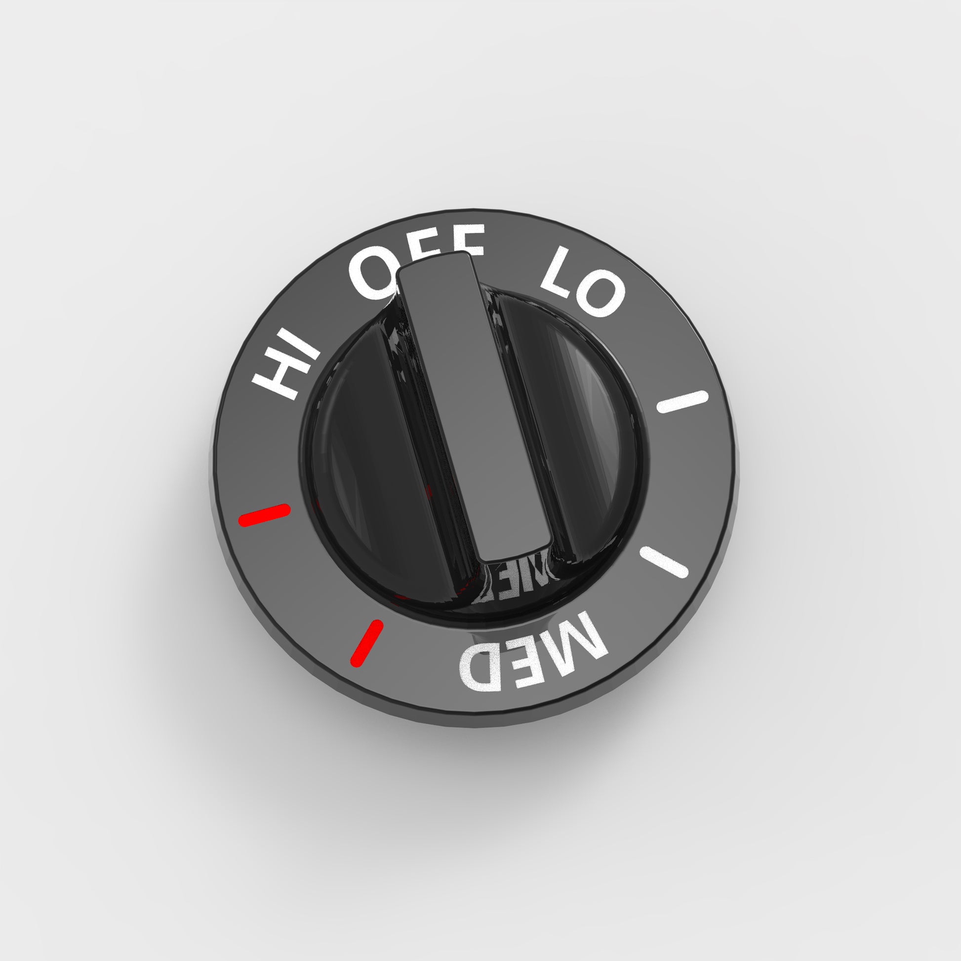 top-down view of burner knob showing temperature control markings
